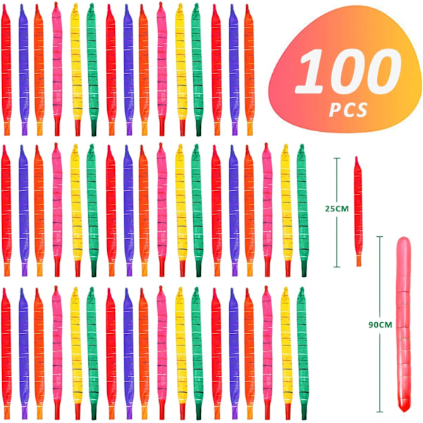 100 kappaletta värikkäitä pitkiä nauhapalloja puhallusputkella, rakettipalloja, kierrettyjä palloja, lateksipalloja, lentäviä palloja
