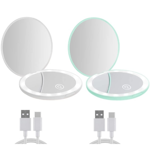 2-pack kompakt spegel med LED-ljus, 1x/10x förstoring, uppladdningsbar