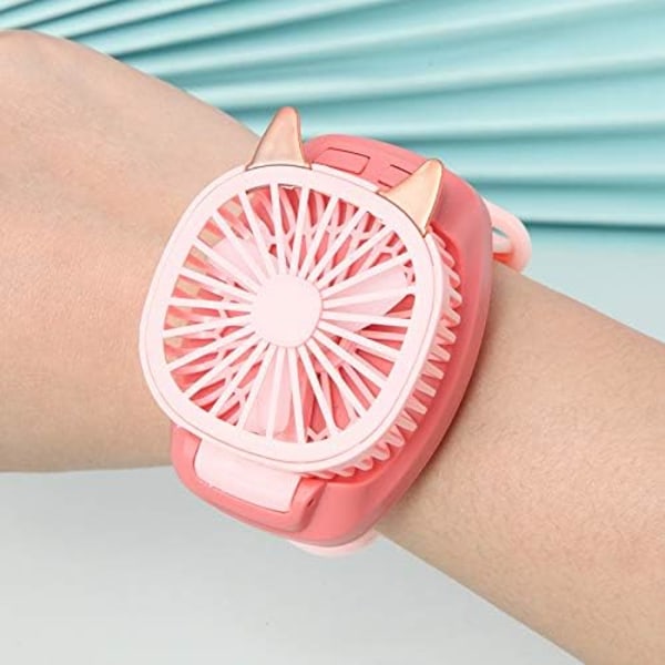 Uppgraderad version USB Uppladdningsbar Fläkt Med Bekväm Armbandsrem Bärbar Mini Fläktklocka Inbyggd färgglad LED-ljus som ändrar färg Ljusrosa