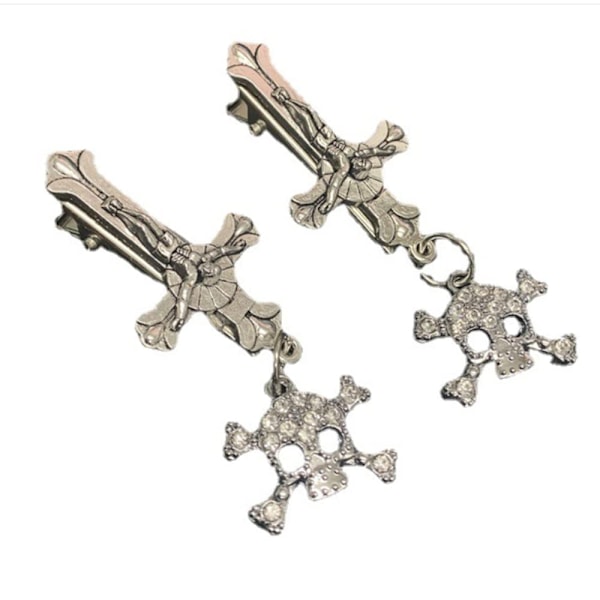 (Cross skeleton)2PCS Metal Skull Hair Clips Retro Cross Hairpin with Rhinestone Tassel Punk Duckbill Clips Novelty Hair