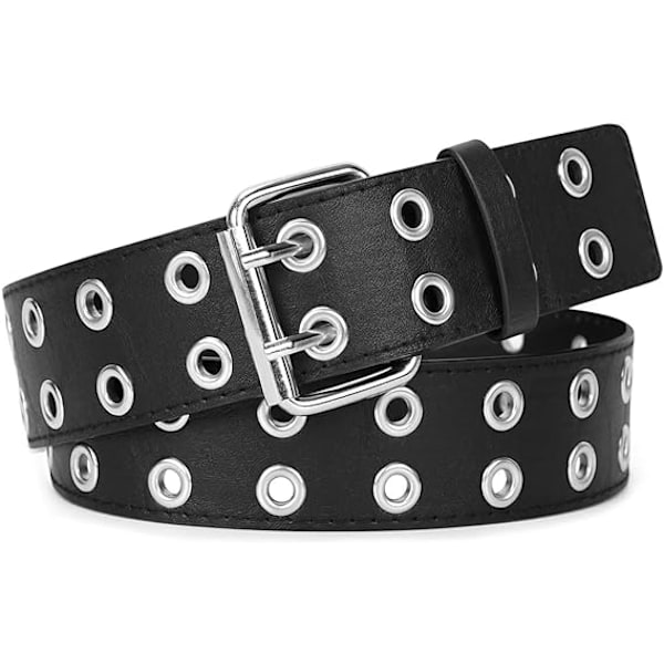 Musta kaksoisreikäinen vyö PU-nahasta punk-vyö naisille ja miehille farkkuihin