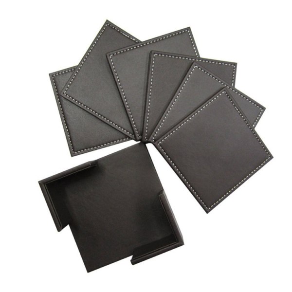 Coastersæt i imiteret læder (6 glasbrikker + 1 Torr), sort, kvadratisk