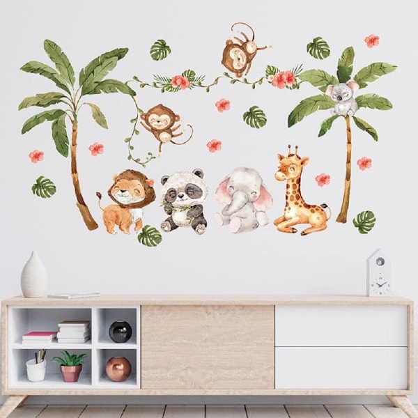 2 Ark med 12x24 tum Skog Kokosnötträd Väggdekal Woodland Apa Panda Lejon Giraff Elefant Väggdekaler 3D DIY Pe