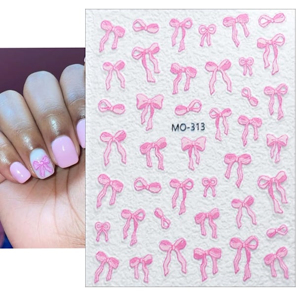 3 ark 5D Präglade Rosett Nagelstickers för Nagelkonst Självhäftande Rosett Nageldekaler Vita Rosa Rosett Nagelkonst Stickers Design