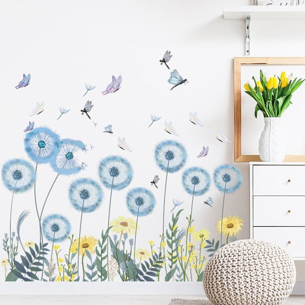 Blå Maskros Väggdekaler Fjäril Blommor Väggdekal Blå Blommor Väggdekaler för Vardagsrum Sovrum