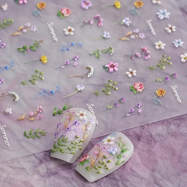 12cm Blomsternageldekaler för Nagelkonst - Blommor Nagelkonstdekaler Sommar Blommig Blad Växt 5D Präglade Nageldekaler Självhäftande Nageltillbehör Manikyr