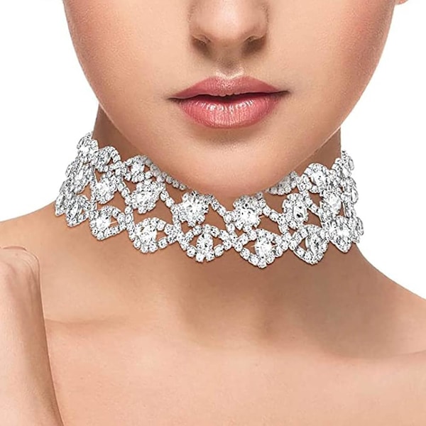 Glitrende Krystal Choker Halskæde - Sølv Rhinestone Choker Halskæde - Justerbar til Kvinder og Piger