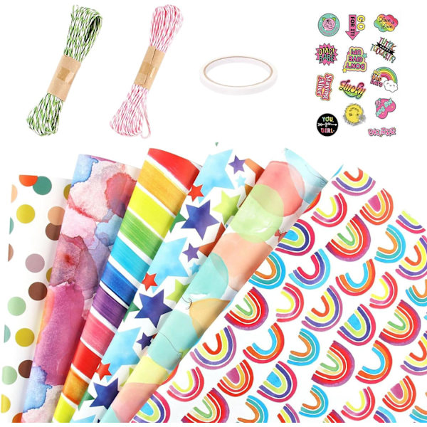 Syntymäpäivälahjapaperi, 6 kappaletta kuvioitua kraftpaperirullaa, 50