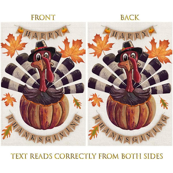 Glad Thanksgiving Kalkon Höstträdgård Flagga 12 x 18 Tum Burlap Vertikal Dubbelsidig, Lönnlöv Höst Pumpa Yard Out