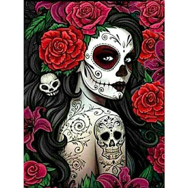 30*40 CM Halloween Diamantmålning Konst för Vuxna, Rosa Skalle Flicka, Full Rund Diamantborr Kit wit