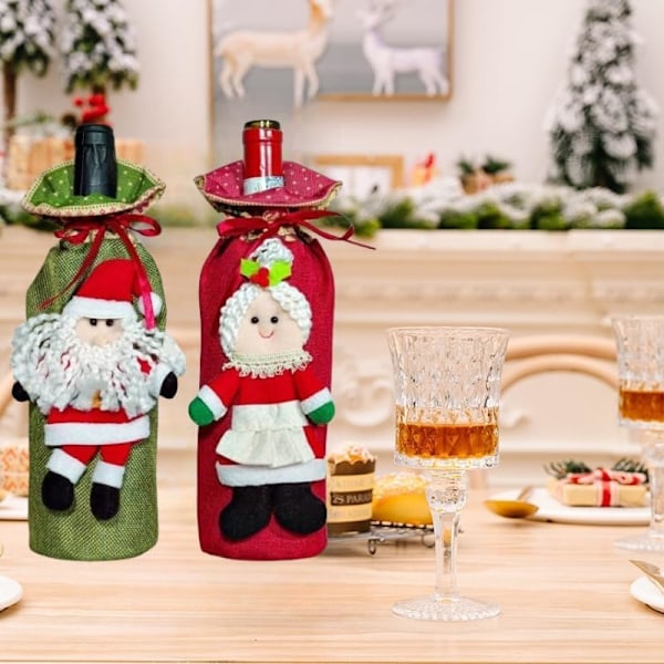 2-pack Ny Julvinflaskaöverdragssats, Champagneflasköverdrag, Vinflaskor, med 3D Tomte Design, för Jul