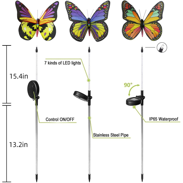 3 kappaletta aurinkokäyttöisiä puutarhavaloja, joissa väriä vaihtava kuituoptinen takapuoli