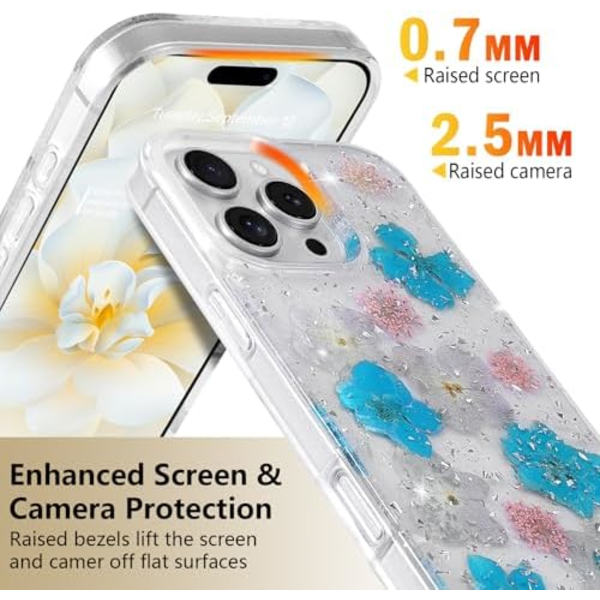 Blomsteretui for iPhone 16 Pro Max - Klart etui med ekte tørkede blomstermønstre, glitrende søte blomsterdesign for kvinner og jenter