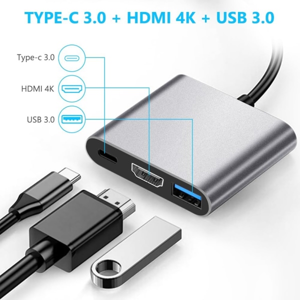 USB C-hub til 4K HDMI, 3-porter USB C-adapter for MacBook, 4K HDMI + 100W PD