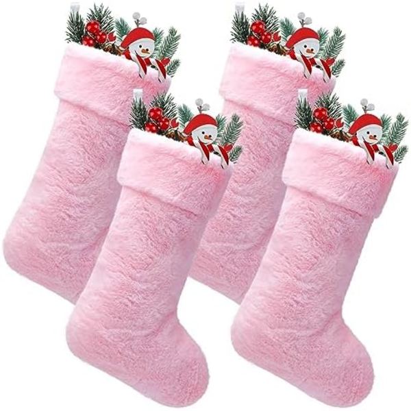 4 stycken konstpälsjulklappsstrumpor Snöiga strumpor Julbrasa Hängande strumpa för semesterdekoration (20 tum)