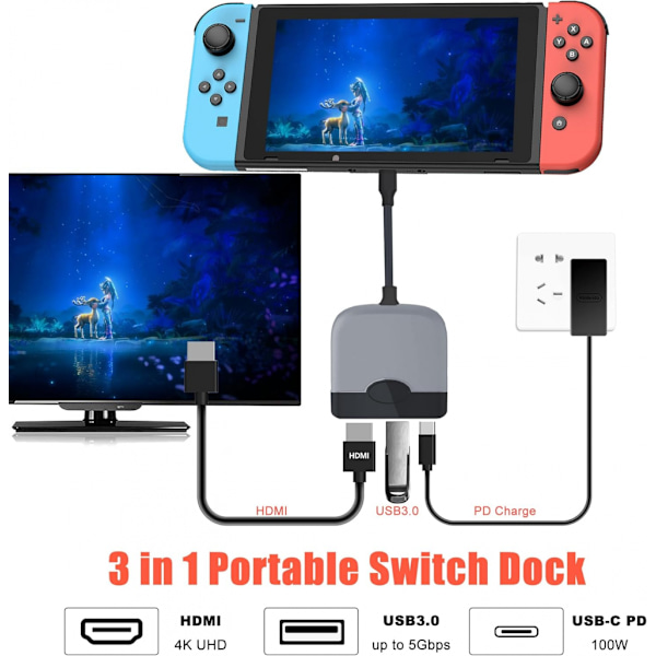 Kannettava kytkintelakka Nintendo Switchille, HDMI-sovitin, matkatelakka 3-in-1 Switch Docki Black and Gray