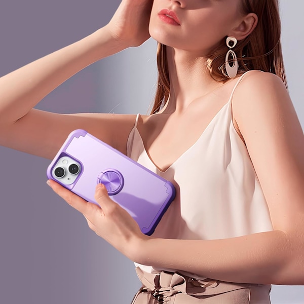 1 kpl iPhone 15 -kotelo 360° renkaalla, 2-in-1 iskunkestävä ultraohut hybridi Heavy D Light Purple
