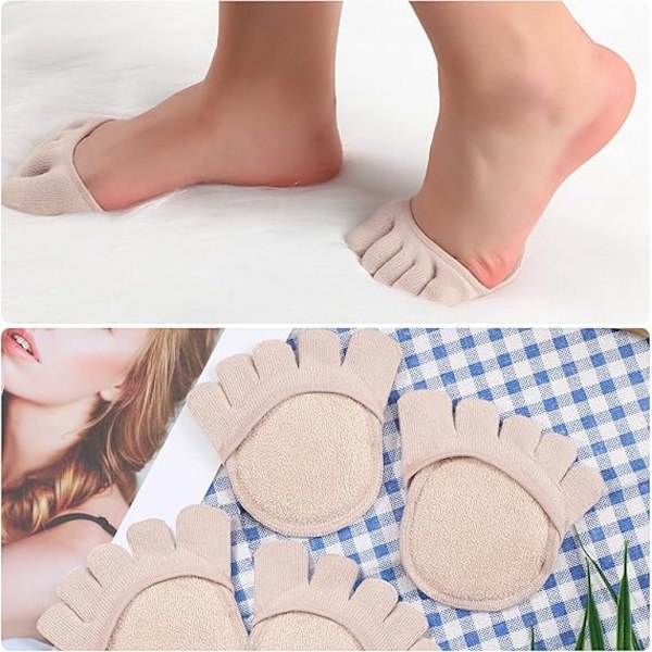 6 par tåsstrumpor (3 par beige + 3 par svarta) No Show Liner Socks Dam Finger Half Socks