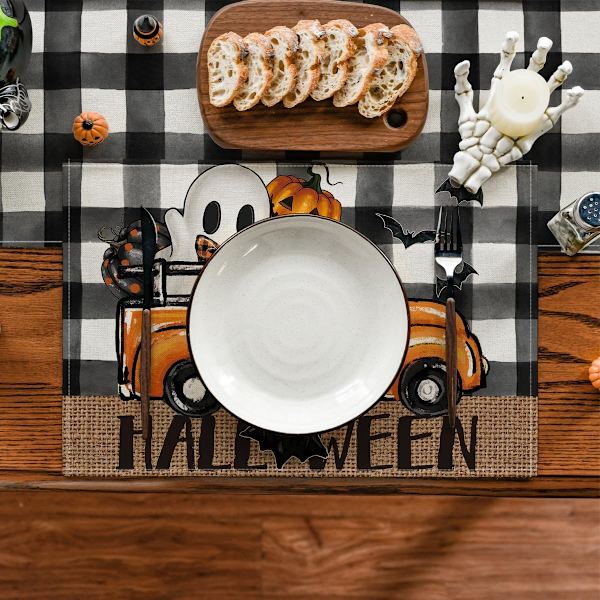 Ruutukuvioinen Lepakkohaamu-Kuorma-auton Pelottava Halloween-Pöytäliinat, 4 kpl, 12x18 tuumaa, Kausivaiset Pöytäliinat Juhliin, Keittiöön ja Ruokailuun