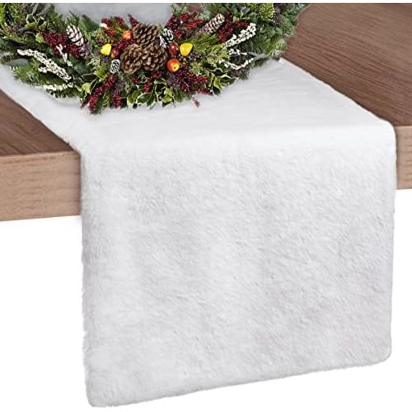 Julbordstablett, konstpäls bordstablett vinter snövit mjuk elegant vit bordstablett, lämplig för jul