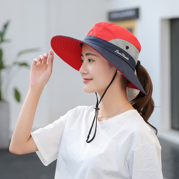 Kvinners UV-beskyttelse bred brem mesh sommerhatt med hestehalehull