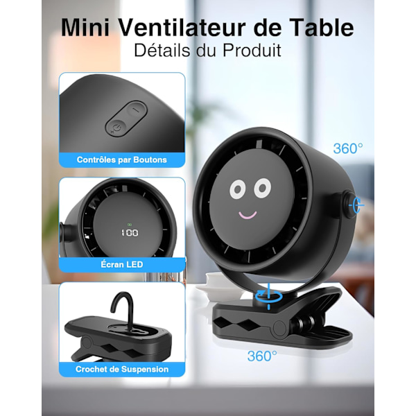 Kannettava klipsituuletin, USB ladattava minituuletin, 720 asteen kierto, 5 nopeutta LED-näytöllä, hiljainen pöytätuuletin toimistoon, kotiin, retkeilyyn, lastenrattaisiin