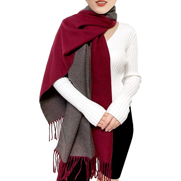 (RØD+GRÅ) Dame Kasjmirskjerf Vinter Reversibel Pashmina L