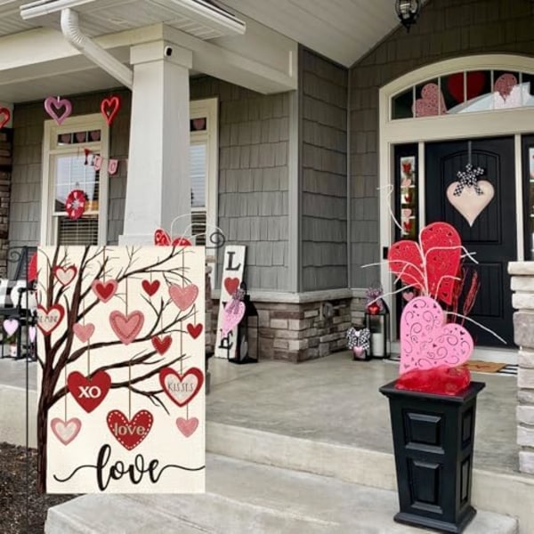2 stk. Valentinsdag Haveflag 12x18 Tommer Dobbeltsidet Udendørs, Kærlighedshjerte Træ Rustik Jubilæum Bryllup Have Udendørs