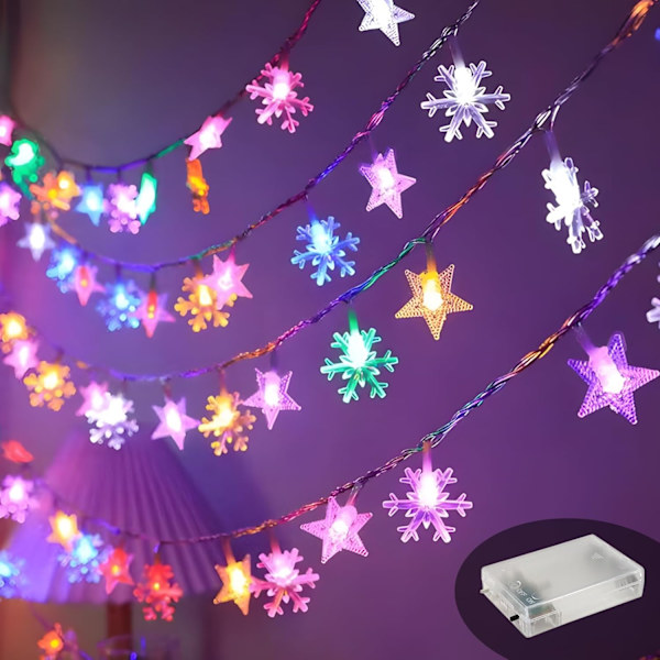 LED Stjernelysstreng, Batteridrevet Lys, 10M 80LED Indendørs Feelygter, Vandafvisende (Femtakkede Stjerne + Varmt Lys)