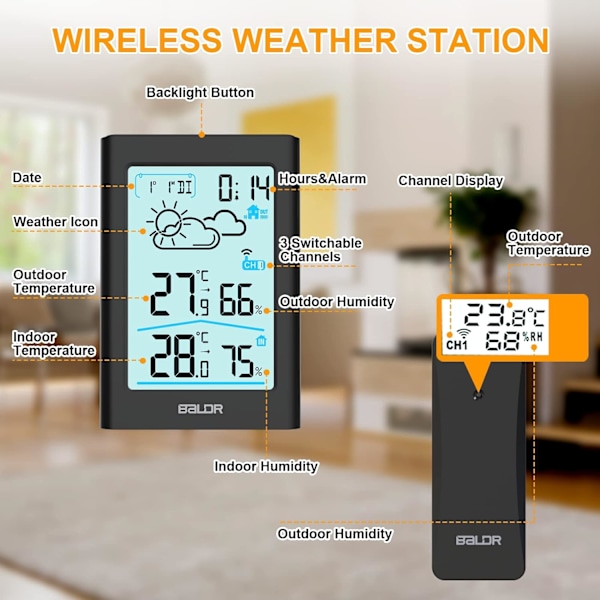 Trådlös väderstation, termometer hygrometer barometer inomhus utomhus med sensor LED-bakgrundsbelysning