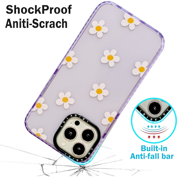 iPhone 15 Pro Max-fodral för kvinnor, Lila söta prästkragar och kamomillblommor, flickig design, Kawaii estetisk tecknad film