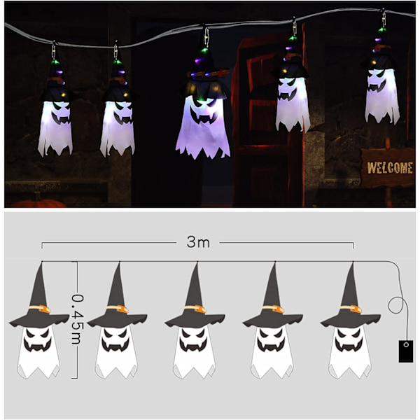 Halloween-kummituskoriste, 5 kpl Halloween-riippuva kummitusnoidan hattuvalo Halloween-koriste LED-valot