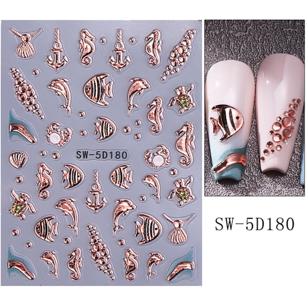2 ST Ocean Style Nagelkonst Stickers 5D Präglade Marinliv Nageldekaler Gyllene Snäckskal Sjöstjärna Havsdjur Sommar Naglar Design Sticker Självhäftande