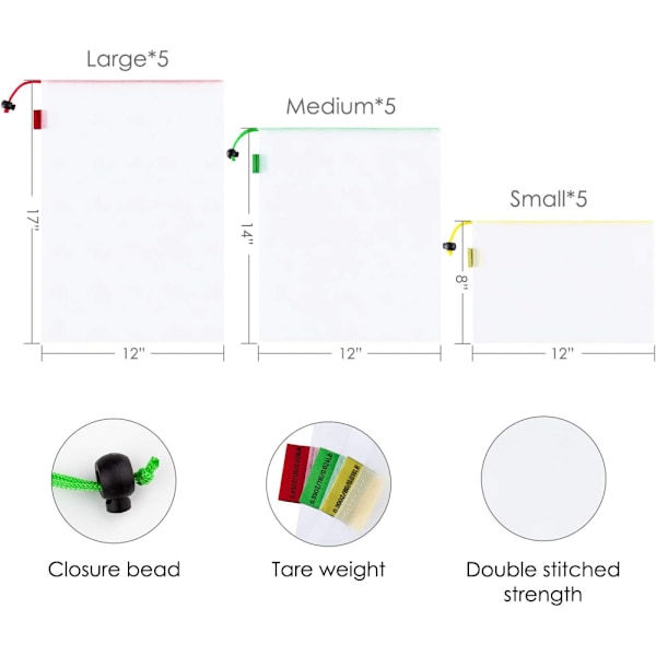 15-pak gjenbrukbare grønnsaksnett i mesh (5 små, 5 mellomstore og 5 store) for dagligvarehandel, frukt og grønnsaker