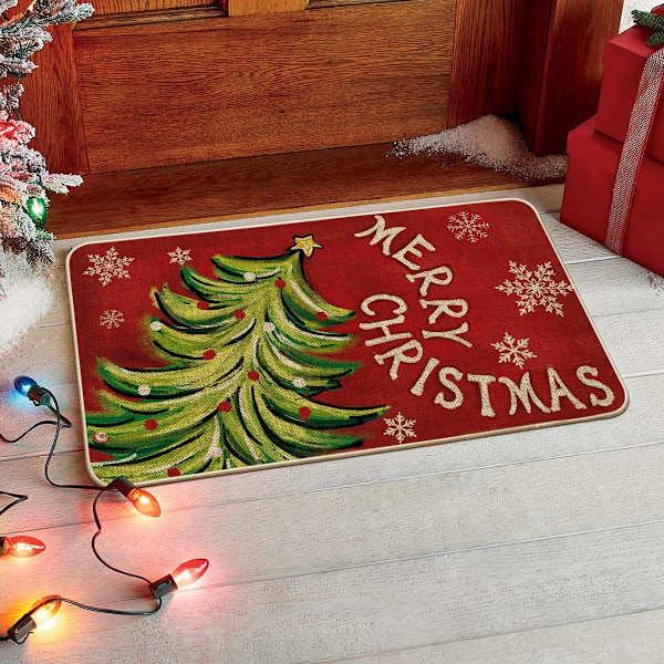 1 stk   Juletrær Glad Jul Dørmatte, Snøfnugg Vinter Hjem Decor Lav Profil Bryter Teppe Dør Matte Gulv Matte for Ind