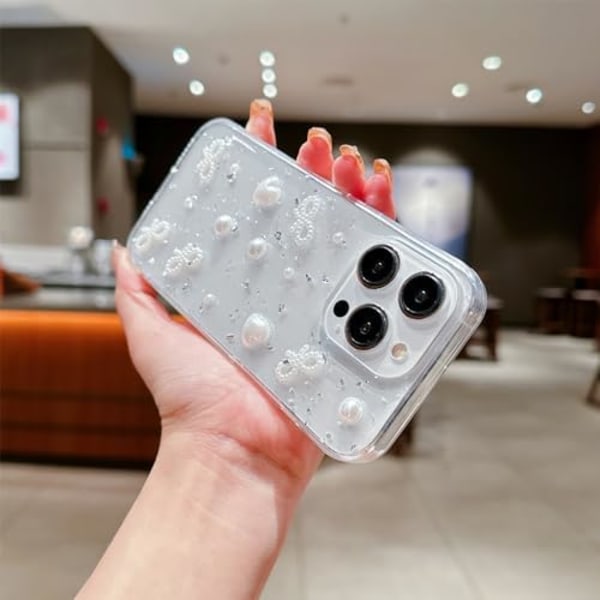 Søt 3D Perle Buesløyfe Hjerte med Design Estetisk Kvinne Telefonveske for Jenter, Glitter Glimmer Bakside Støtsikker Myk TPU