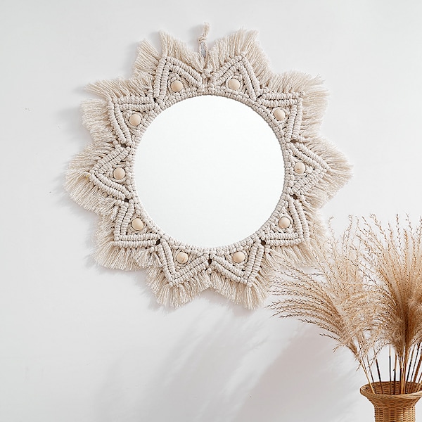 Väggdekor Spegel Macrame Cirkel Hängande Spegel för Sovrum Vardagsrum Lägenhet Entré Heminredning
