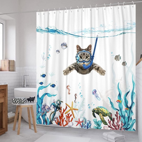 Duschdraperi 180 x 180 cm Diving Cat Ocean Print Vattentät Bat