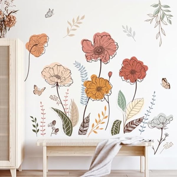 120x40cm Boho Blomster Vægstickers Vildblomst Blomster Græs Skræl og Sæt Vægsticker Dekoration til Stue Soveværelse TV Væ