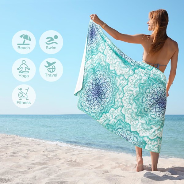 Blommig Strandhandduk Grön Mandala, Blå Blommig Strandhandduk Sandfri, för Kvinnor/Män/Barn, Absorberande Campinghandduk för Simning, Pool, Resor Semester