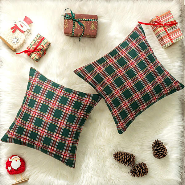 45×45×1cm Pakke med 2 Grønne Jule Plaid Dekorative Pudebetræk Skotsk Tartan Pudebetræk til Landlig Hjem