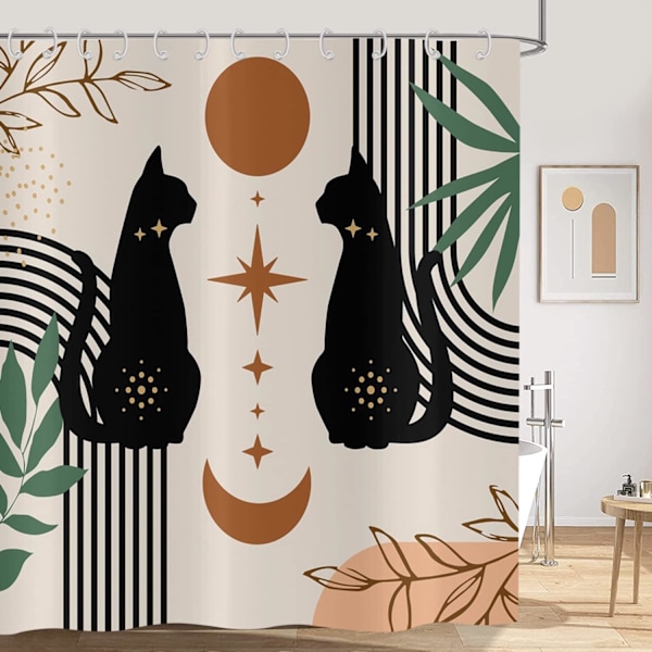 Boho Bruseforhæng 180x180, Abstrakt Sort Kat Blad Måne Stjerne Beige Badeforhæng Moderne Terrakotta Kunst Æstetisk Vandtæt Polyesterstof