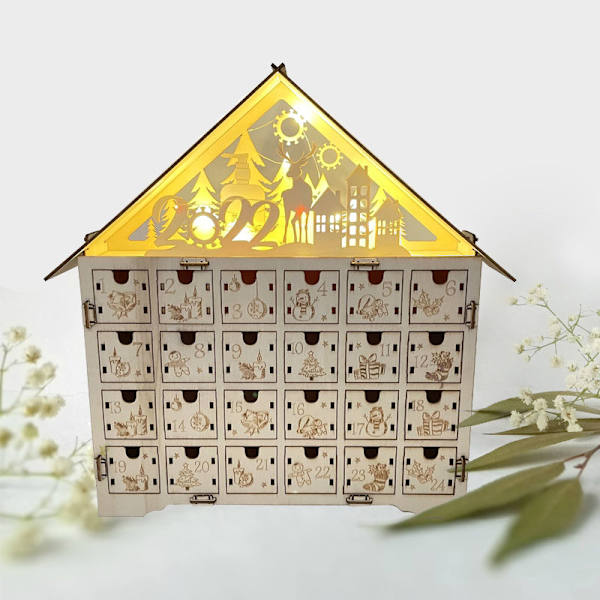 Jouluinen puinen adventtikalenteri LED-valolla 24 säilytyslaatikkoa