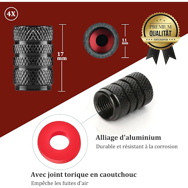 4 stk. Dækventilhætter til bil - Aluminium dækventilhætter - Cykelventilhætter med tætningsring - Universelle ventildæksler til biler, lastbiler, motorcykler
