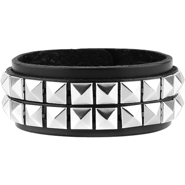 Unisex Sort Ægte Læder Sølv Pyramid Nitter Armbånd 8