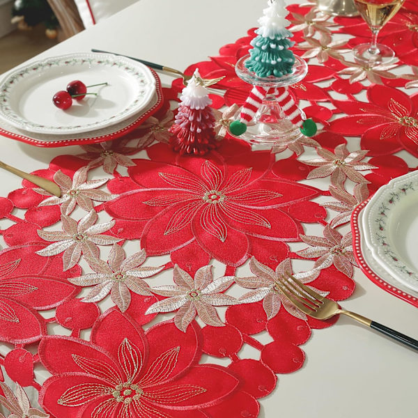 Julbordstablett med Broderad Julstjärna Röd Gyllene Vinter Farmhouse Juldekorationer Inomhus Hemfest D