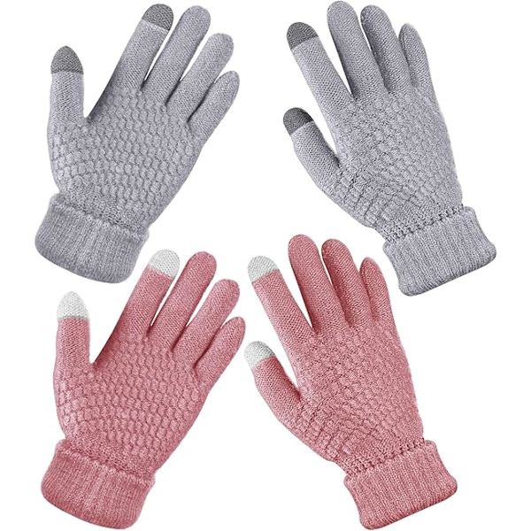 (Rosa, Grå) 2 par dam vinter touch screen handskar, varma stickade handskar, elastiska manschetter, vinter