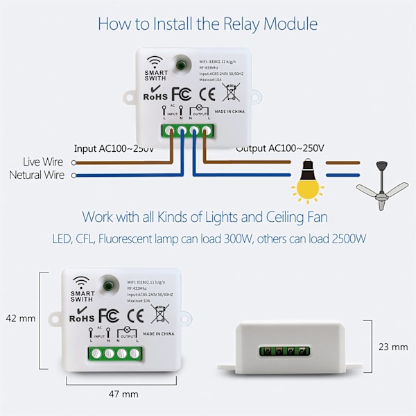 Mini Trådløs WiFi Switch RF Fjernbetjening 2500W 10A 3 Modtagere med 1 Trådløs Vægskifter Smart Kontrol via APP