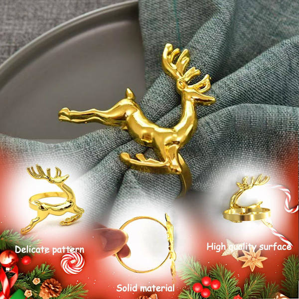 12-pack Guld Älg Servettringar, Jul Ren Servettring Set, Chic Legering Ren Servetthållare Springande Hjort Form Servettspänne Metall Bordsdekoration Ho