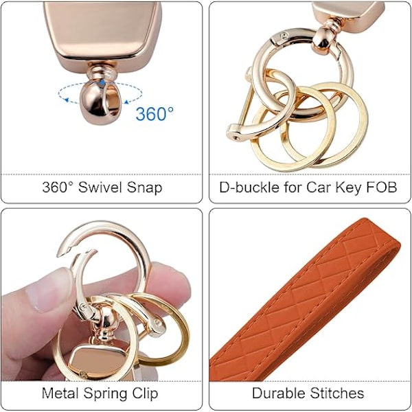 (Orange) med 2 nyckelringar och anti-förlorad D-ring, läderarmband nyckelring, bilnyckelhållare, nyckel